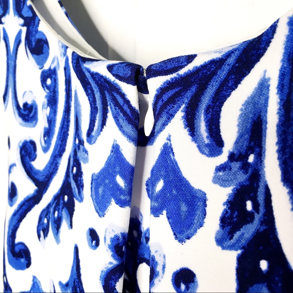 LRL Blue + White Damask Formal Cocktail Dress - Picture 7 of 8